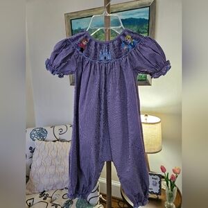 Aspen Rain Hand Smocked  Frozen Purple Gingham Romper Sz 18M